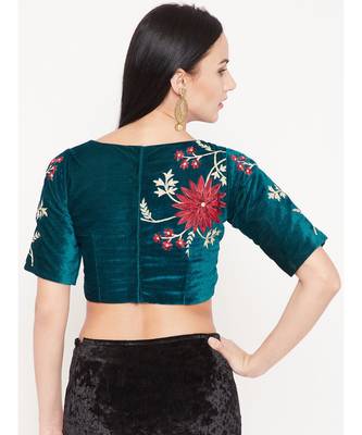 Green Embroidered Velvet Readymade Blouse 2