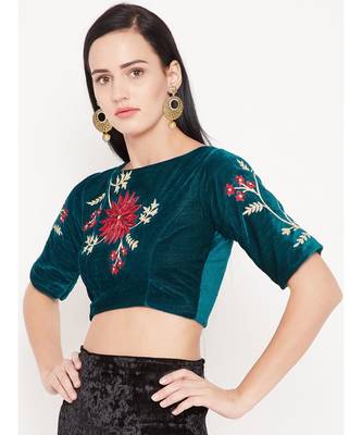 Green Embroidered Velvet Readymade Blouse 3