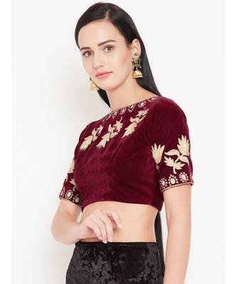 Red Embroidered Velvet Readymade Blouse 3