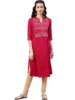Coral embroidered viscose rayon kurta 1