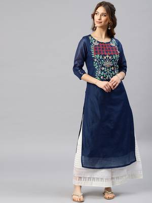 Navy-blue embroidered chanderi kurta 1