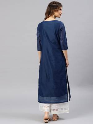 Navy-blue embroidered chanderi kurta 3