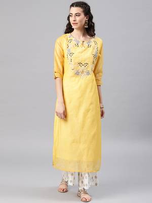 Yellow embroidered chanderi kurta 1