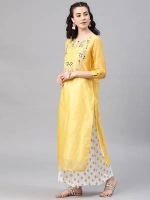 Yellow embroidered chanderi kurta 4