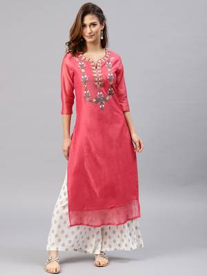 Peach embroidered chanderi kurta 1