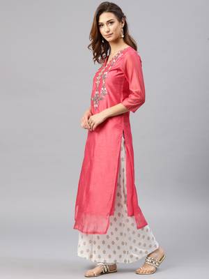 Peach embroidered chanderi kurta 4