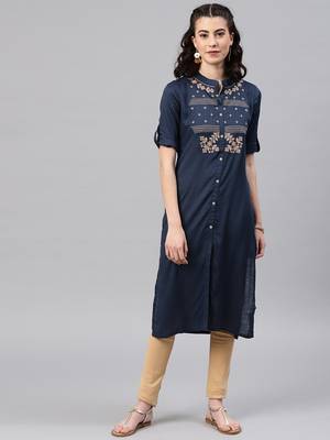 Navy-blue embroidered viscose rayon kurta 1
