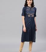 Navy-blue embroidered viscose rayon kurta