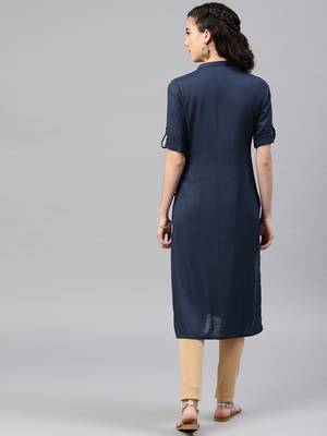 Navy-blue embroidered viscose rayon kurta 3