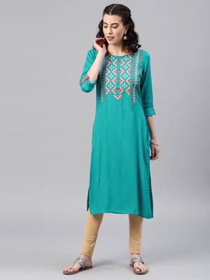 Green embroidered viscose rayon kurta 1