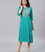 Green embroidered viscose rayon kurta
