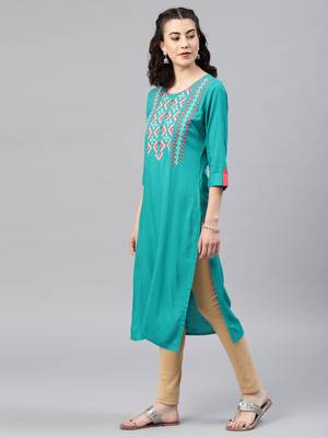 Green embroidered viscose rayon kurta 4
