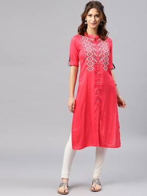 Coral embroidered viscose rayon kurta 1