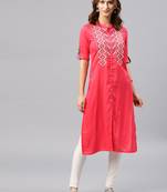 Coral embroidered viscose rayon kurta