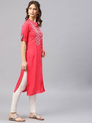 Coral embroidered viscose rayon kurta 4