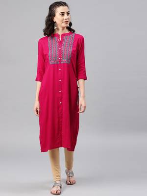 Pink embroidered viscose rayon kurta 1