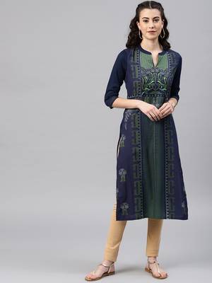 Navy-blue embroidered viscose rayon kurta 1