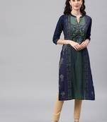 Navy-blue embroidered viscose rayon kurta