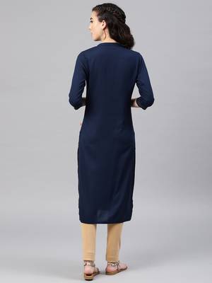 Navy-blue embroidered viscose rayon kurta 3