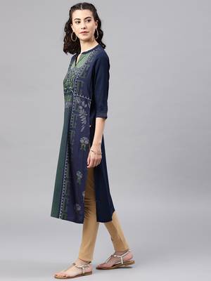 Navy-blue embroidered viscose rayon kurta 4