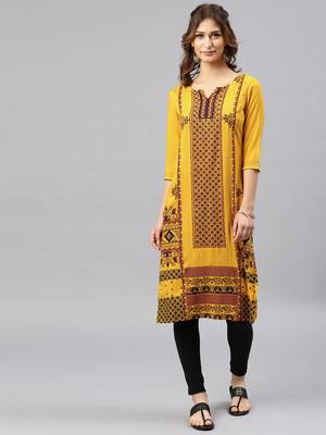 Mustard embroidered viscose rayon kurta 1
