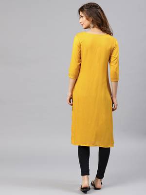 Mustard embroidered viscose rayon kurta 3