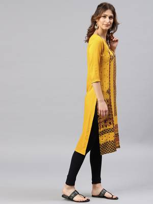 Mustard embroidered viscose rayon kurta 4
