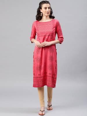 Peach embroidered viscose rayon kurta 1