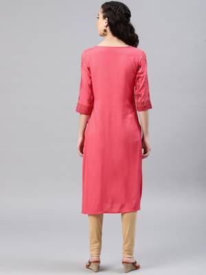 Peach embroidered viscose rayon kurta 3