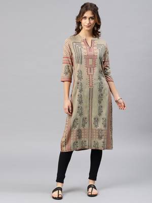Beige embroidered viscose rayon kurta 1