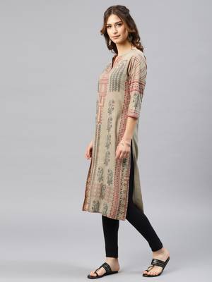 Beige embroidered viscose rayon kurta 4