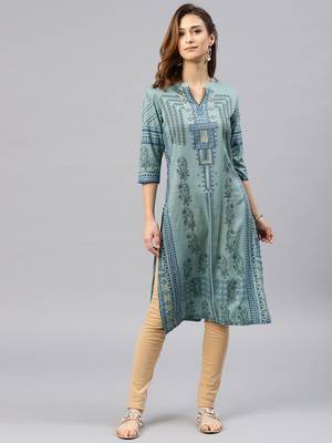 Green embroidered viscose rayon kurta 1