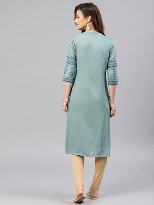 Green embroidered viscose rayon kurta 3