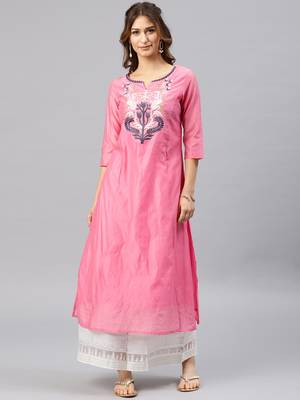 Onion-pink embroidered chanderi kurta 1