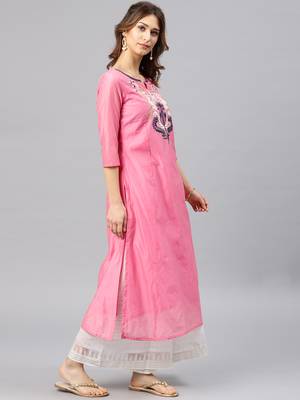 Onion-pink embroidered chanderi kurta 4