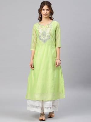Lime embroidered chanderi kurta 1