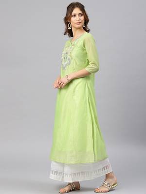 Lime embroidered chanderi kurta 4