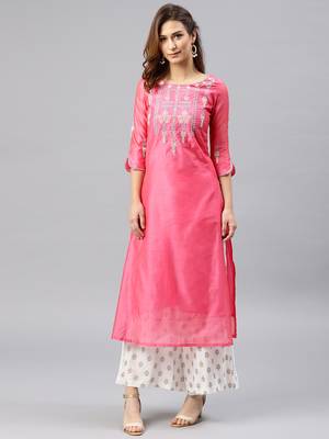 Light-pink embroidered chanderi kurta 1