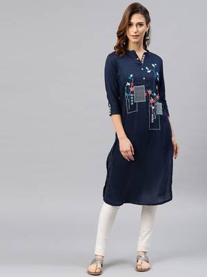 Navy-blue embroidered viscose rayon kurta 1