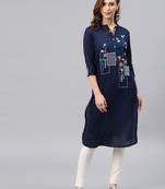 Navy-blue embroidered viscose rayon kurta