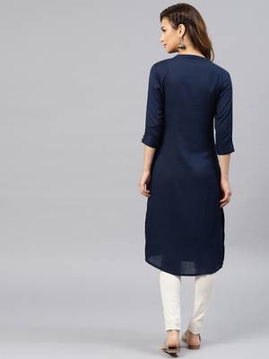 Navy-blue embroidered viscose rayon kurta 3