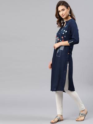 Navy-blue embroidered viscose rayon kurta 4