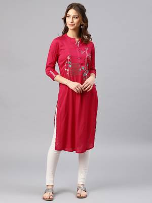 Pink embroidered viscose rayon kurta 1