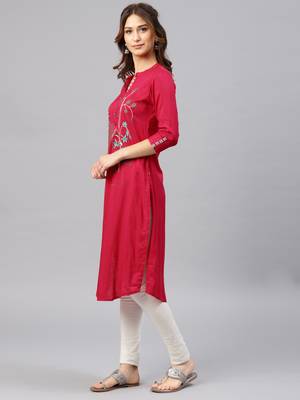 Pink embroidered viscose rayon kurta 4