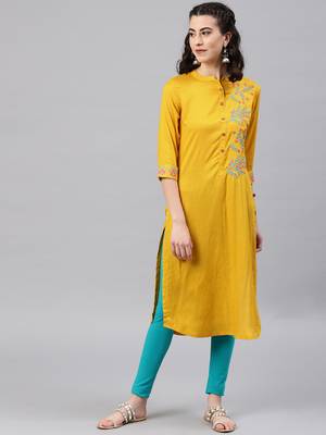 Mustard embroidered viscose rayon kurta 1