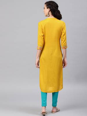 Mustard embroidered viscose rayon kurta 3