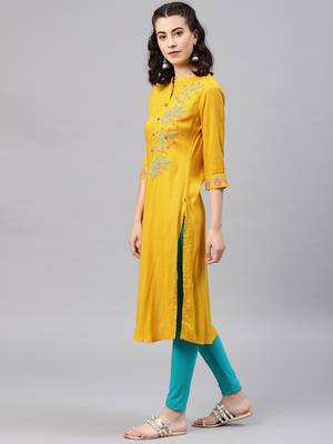 Mustard embroidered viscose rayon kurta 4