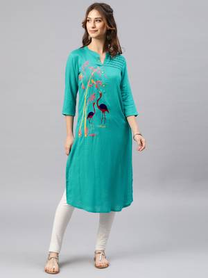 Green embroidered viscose rayon kurta 1