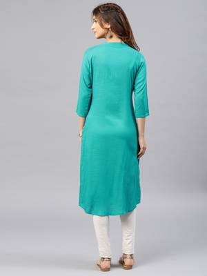 Green embroidered viscose rayon kurta 3