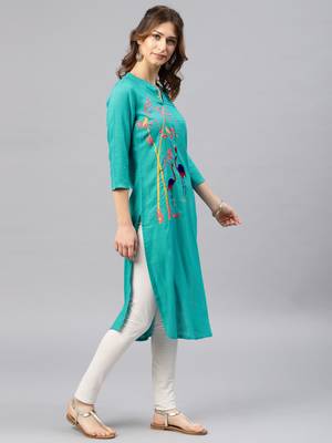 Green embroidered viscose rayon kurta 4